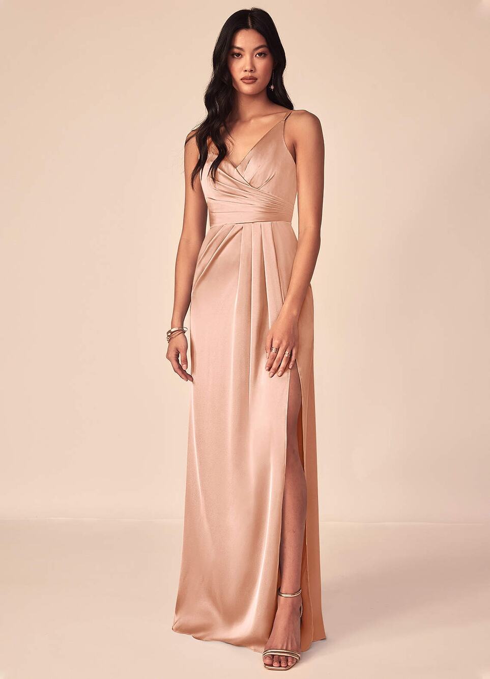 Azazie Rose Gold A-Line V-Neck Pleated Stretch Satin Bridesmaid Dress Size 10